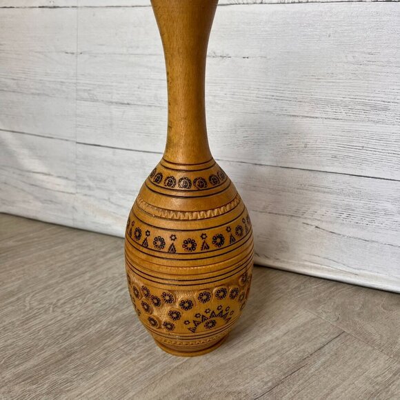 Wood Vase Whimsical Stamp Pattern Primitive Farmhouse Rustic Decor - Picture 9 of 11
